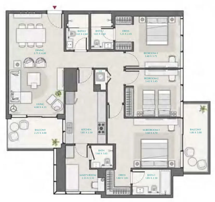 Avenue Park Towers 1 at Wasl 1 3 bed floor plan, 1,742 sqft