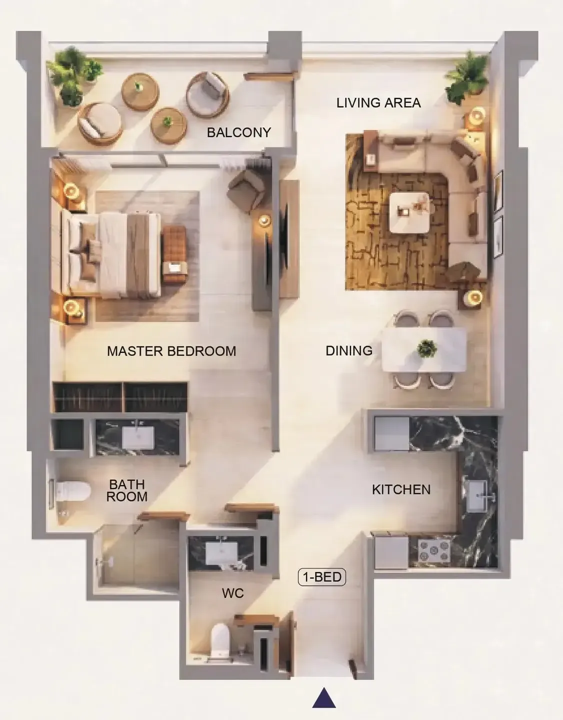 Binghatti Starfall 1 bed floor plan, 638 sqft