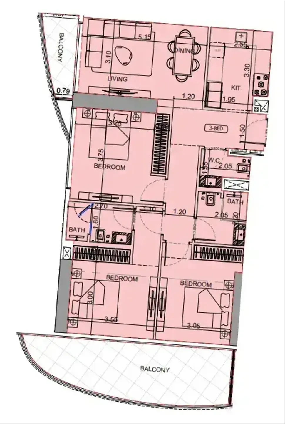 Maybach 6 3 bed floor plan, 1,333 sqft