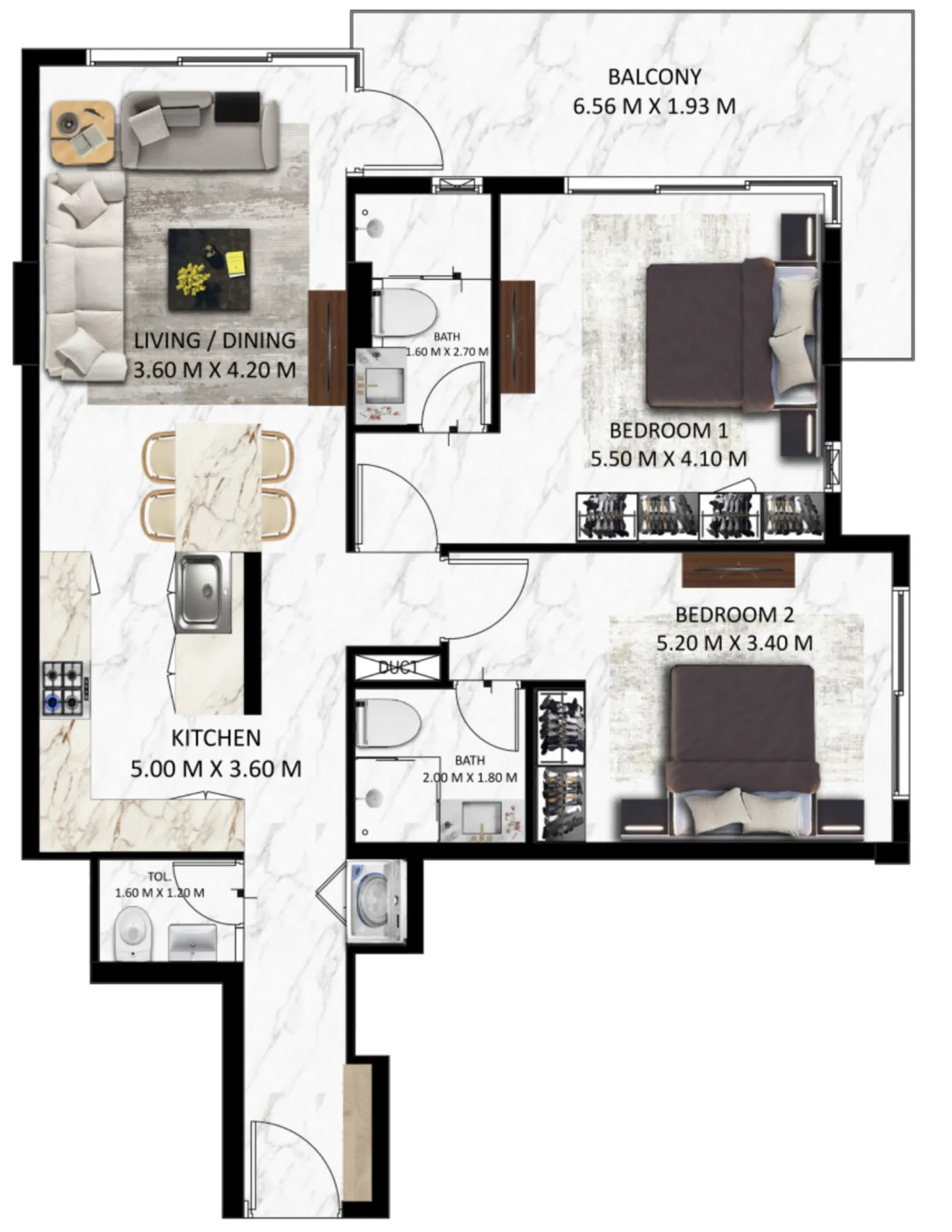 Bling Avenue 1 2 bed floor plan, 1,144 sqft
