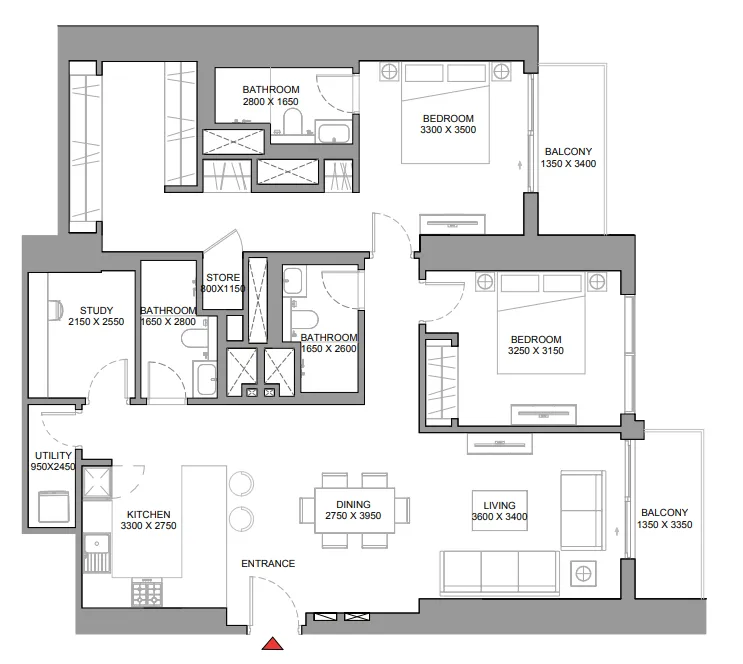 360 Riverside Crescent 2 bed floor plan, 1,461 sqft