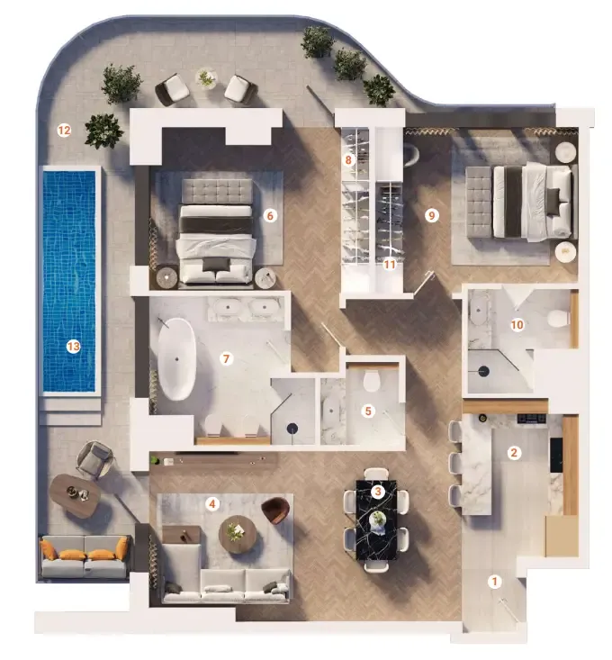 The Orchard Place Towers D & E 2 bed floor plan, 1,303 sqft