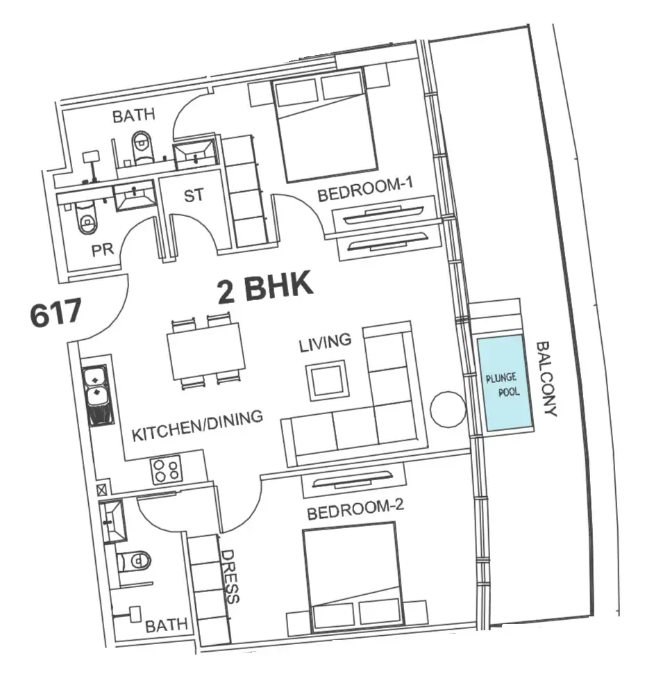 Villa Del Garda 2 bed floor plan, 1,134 sqft