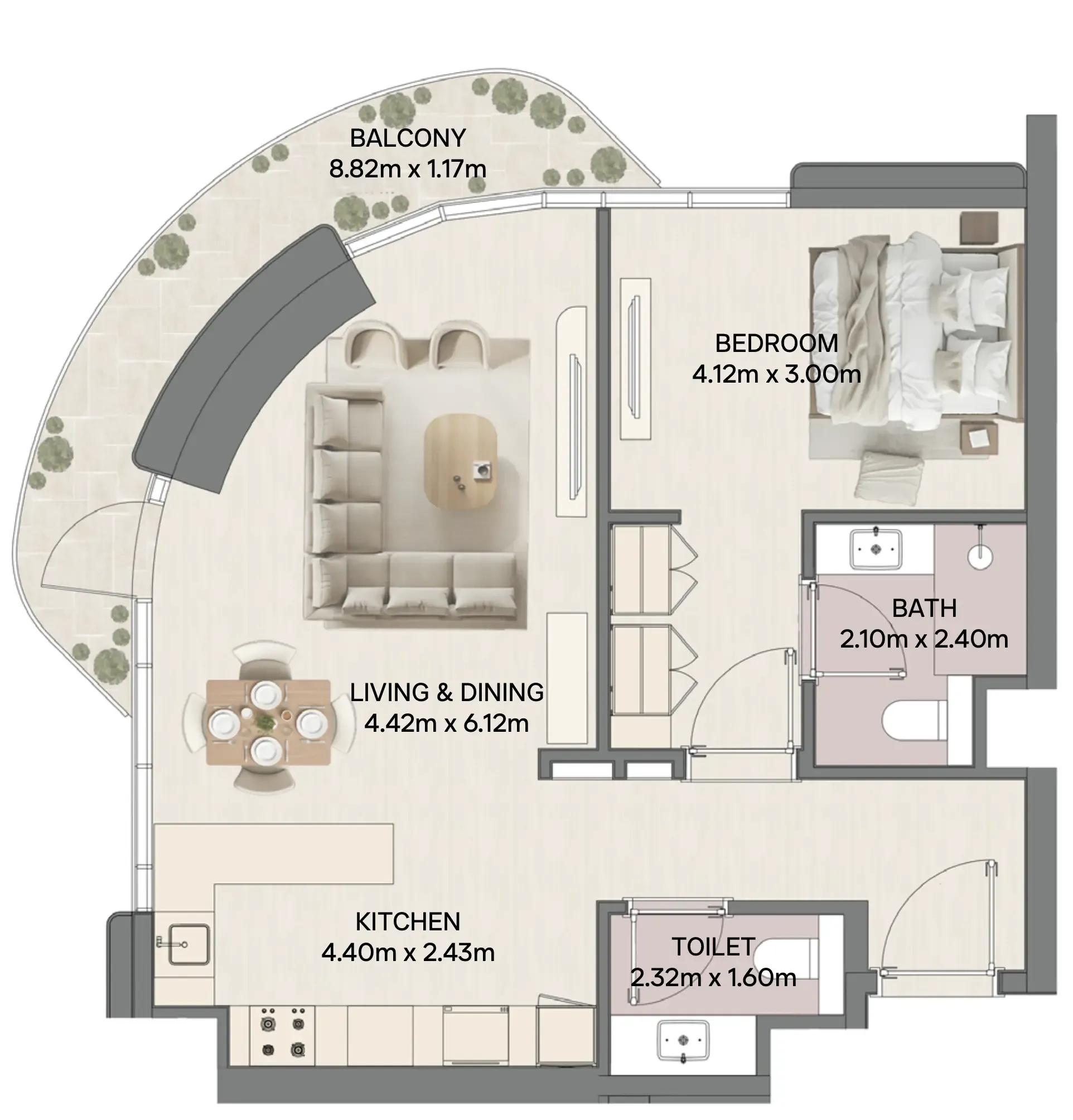 Mirasol II 1 bed floor plan, 877 – 1,035 sqft
