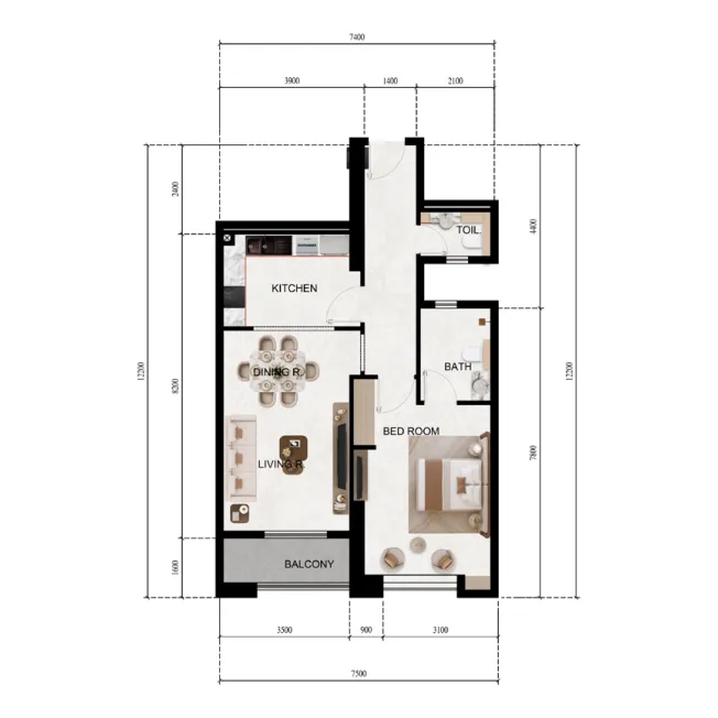 Lily Tower 1 bed floor plan, 782 sqft