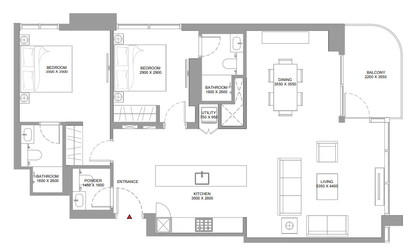 Pristine Beach Residences 2 bed floor plan, 1,194 – 1,195 sqft