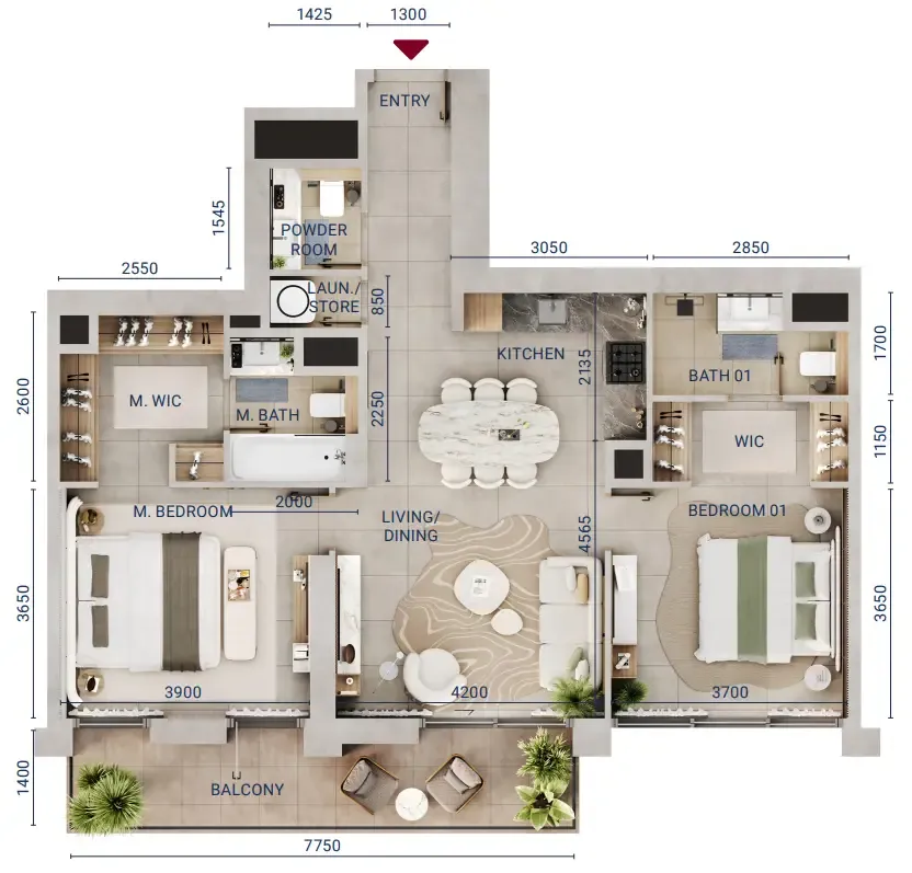 Mirdad 2 bed floor plan, 1,130 sqft