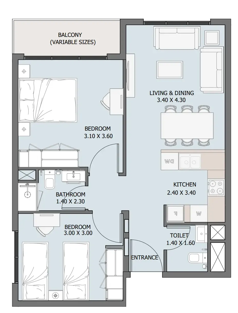 Verdana III 2 bed floor plan, 723 sqft