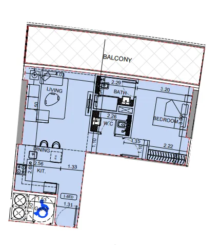 Binghatti Aquarise 1 bed floor plan, 908 sqft