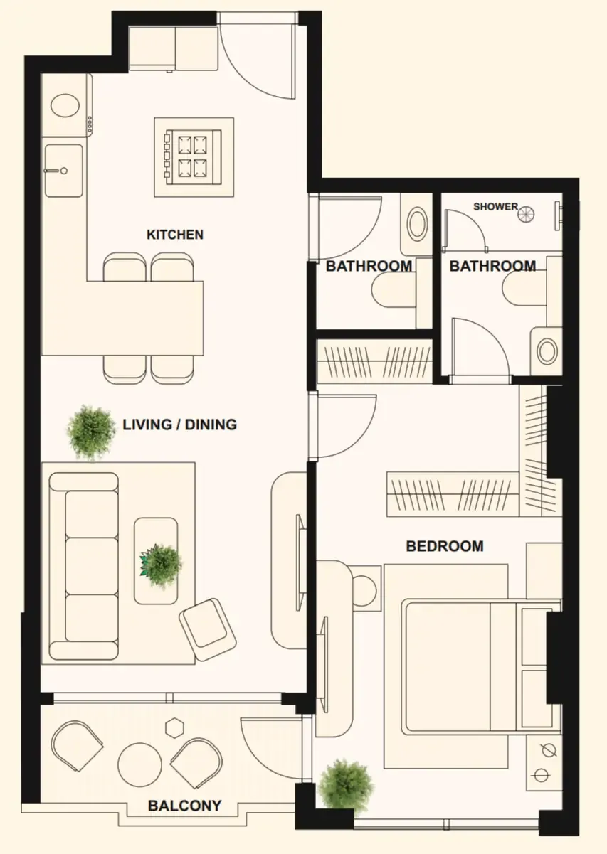 The Elysian 1 bed floor plan, 717 sqft