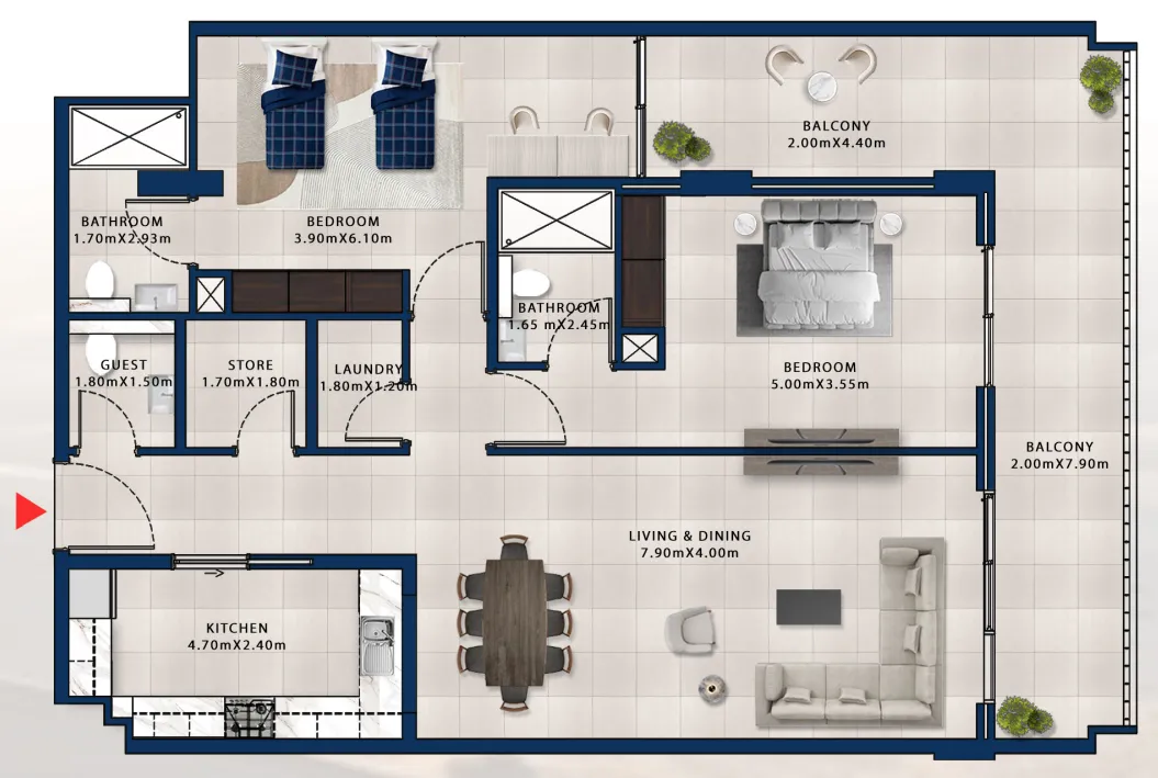 Asayel Avenue 2 bed floor plan, 1,598 sqft