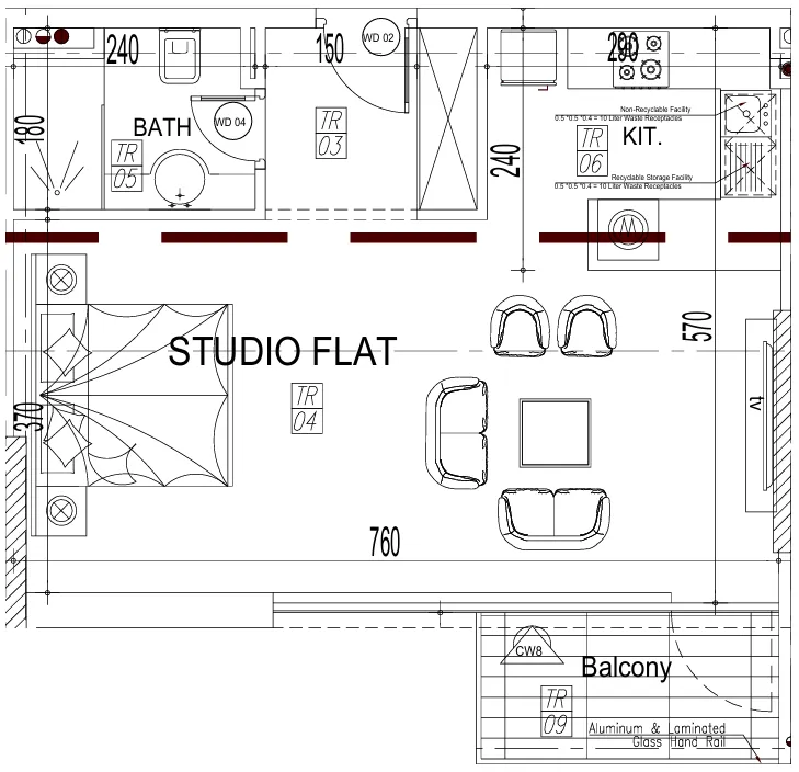 Paradise View II Studio floor plan, 539 – 540 sqft