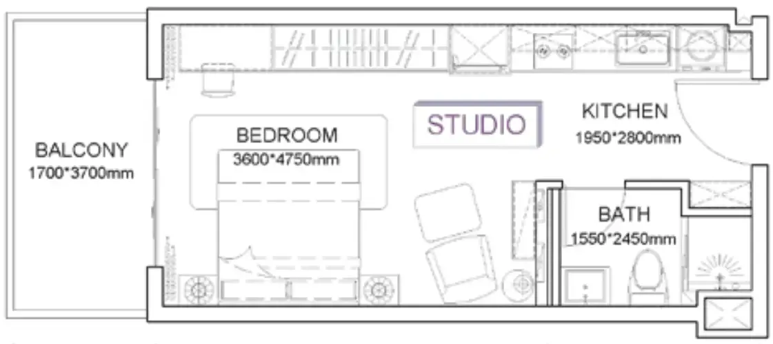Listone Residence Studio floor plan, 378 – 614 sqft