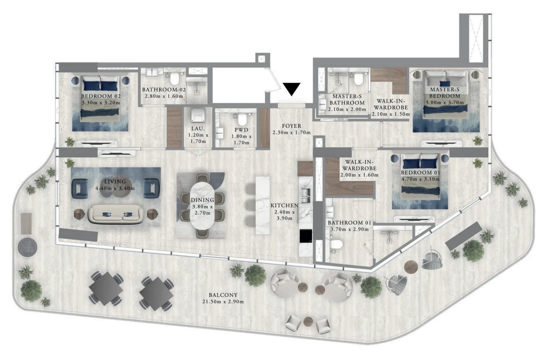 Royal Yacht Club Residence 3 bed floor plan, 2,211 sqft