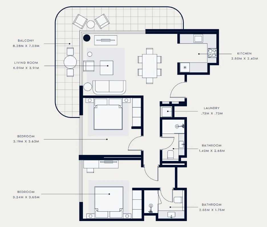 Azizi Venice 2 bed floor plan, 1,132 sqft