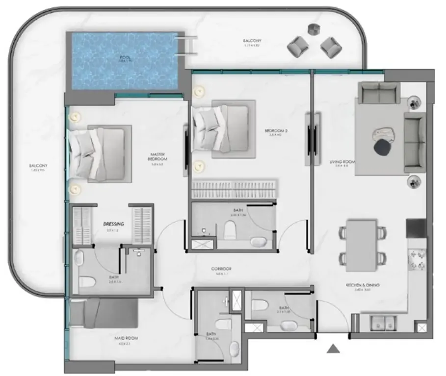Samana Ocean Bay 2 bed floor plan, 1,467 sqft
