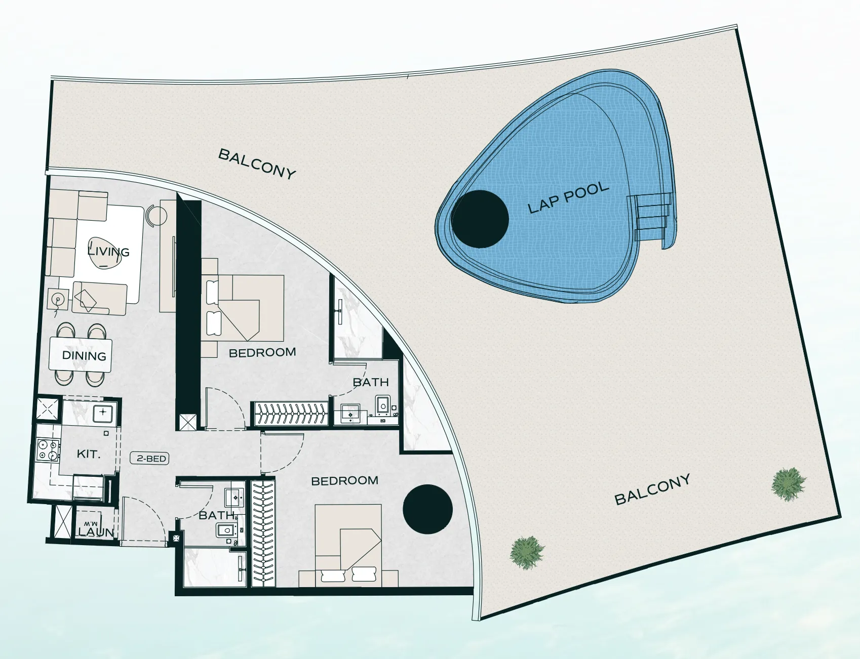 Binghatti Aquarise 2 bed floor plan, 2,355 sqft