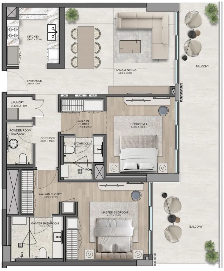 Flora Isle Beachfront Residences 2 bed floor plan, 1,584 sqft