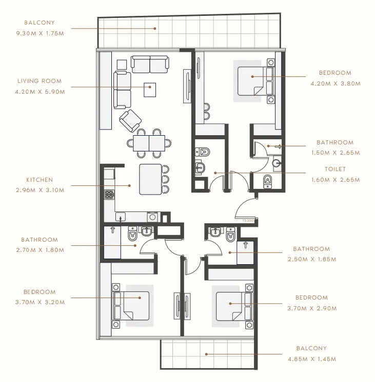 Riviera Rêve 3 bed floor plan, 1,617 sqft