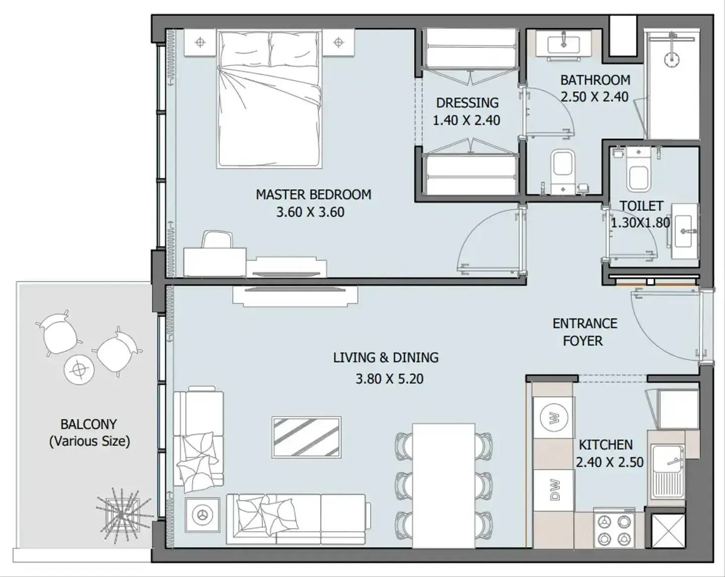 Oceana 1 bed floor plan, 747 sqft