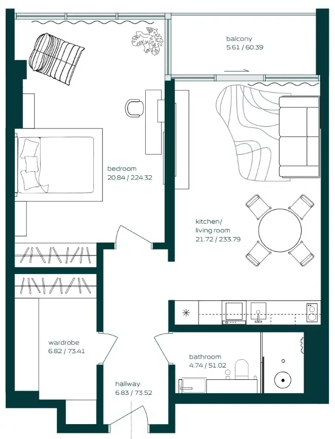 Vibe 1 bed floor plan, 805 sqft
