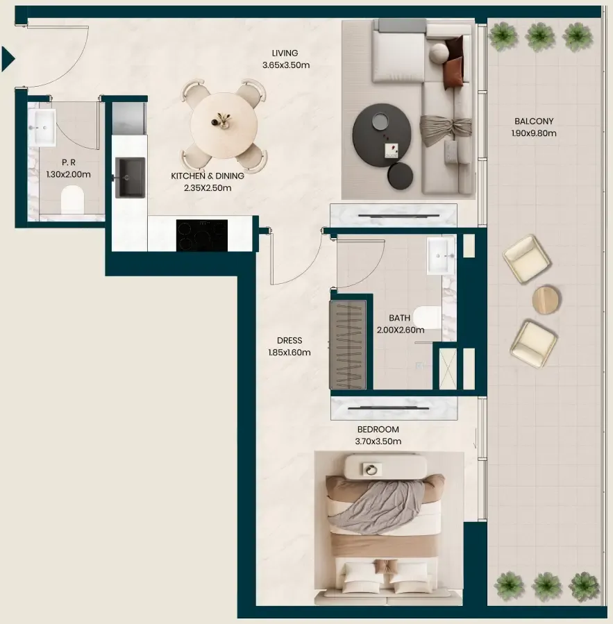 Kyomi Residences 1 bed floor plan, 796 sqft