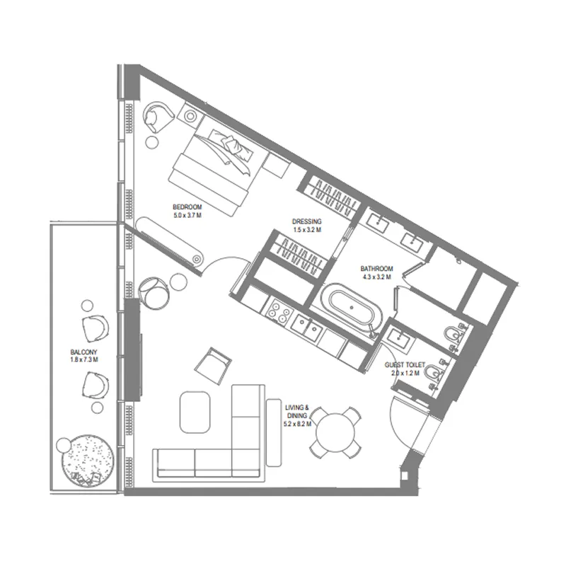 Anantara Sharjah Resort 1 bed floor plan, 1,012 sqft