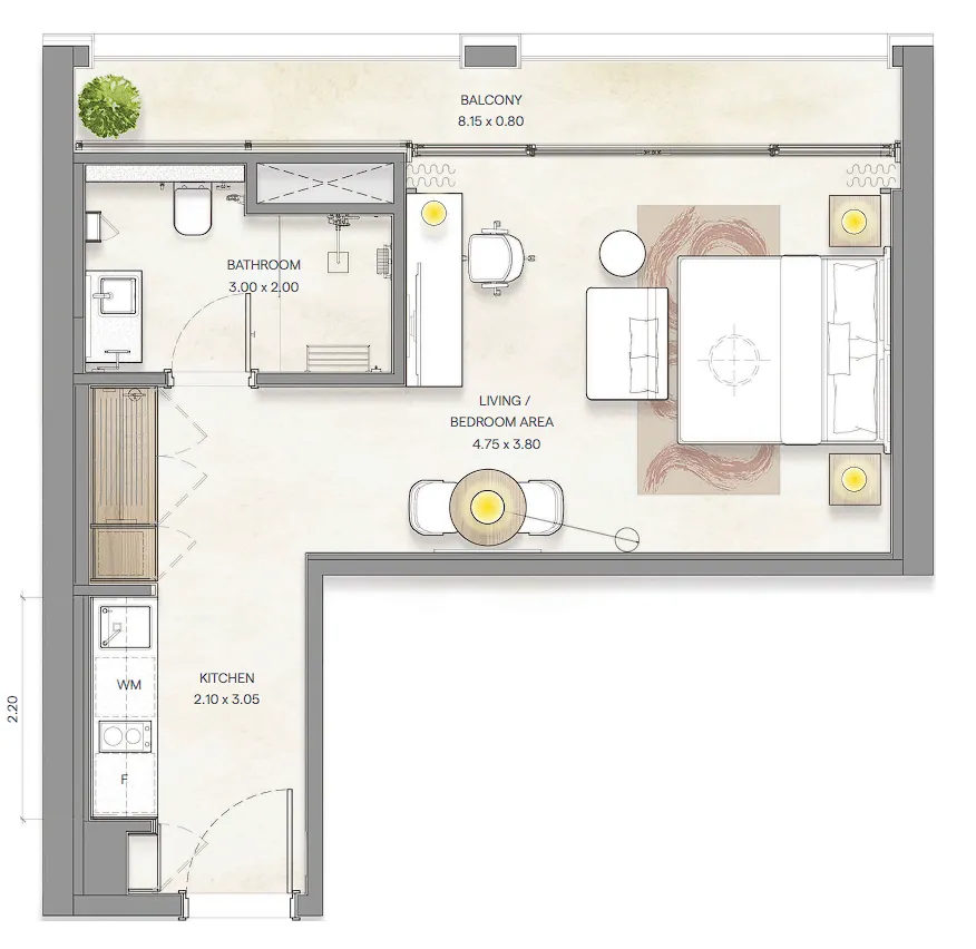 Bloom Arjaan by Rotana  Studio floor plan, 526 sqft