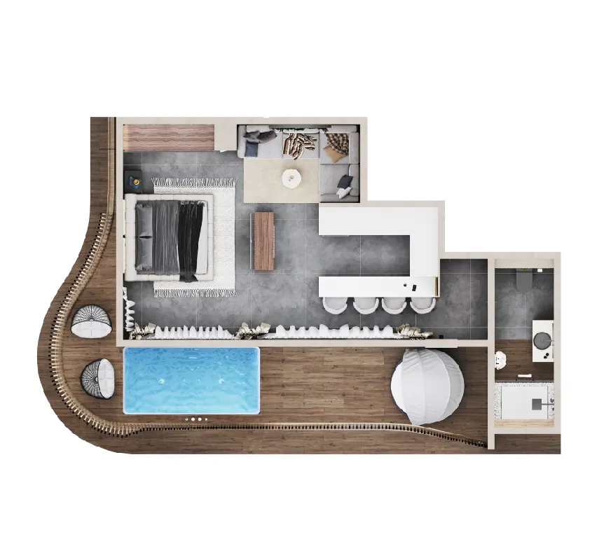 OM Club House 1 bed floor plan, 619 sqft