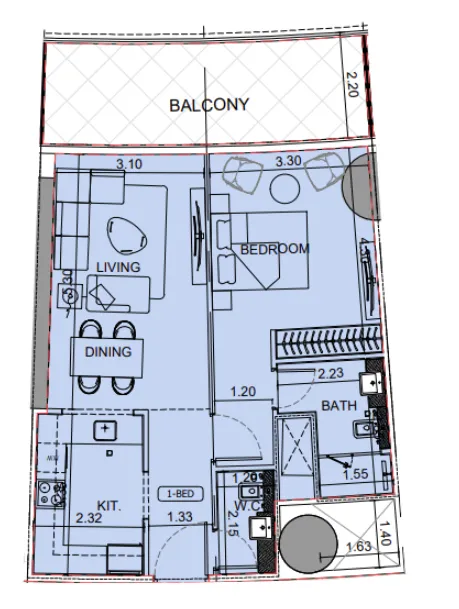 Binghatti Aquarise 1 bed floor plan, 813 sqft