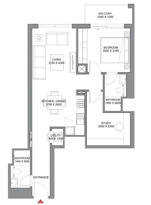 350 Riverside Crescent 1 bed floor plan, 843 sqft