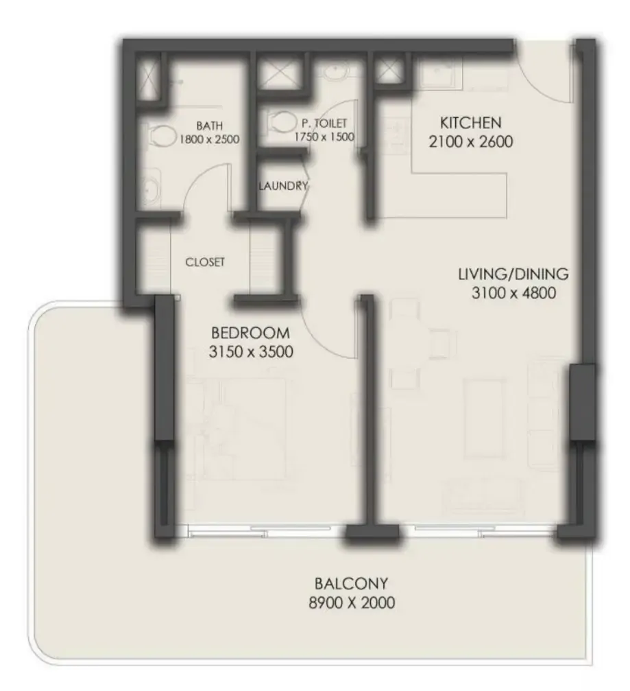 Park Residency 1 bed floor plan, 828 sqft