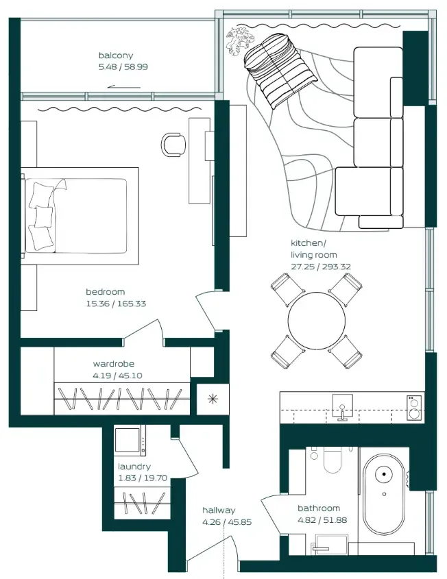 Vibe 1 bed floor plan, 769 sqft