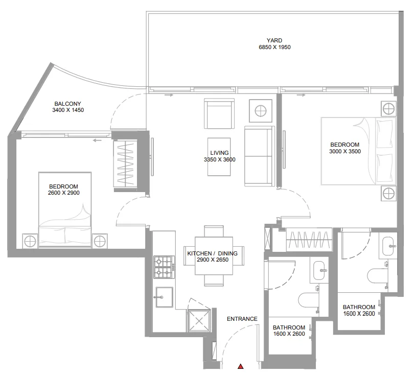 Canalside Marina Residences 2 bed floor plan, 825 sqft