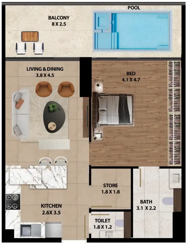 Marquis One 1 bed floor plan, 938 sqft