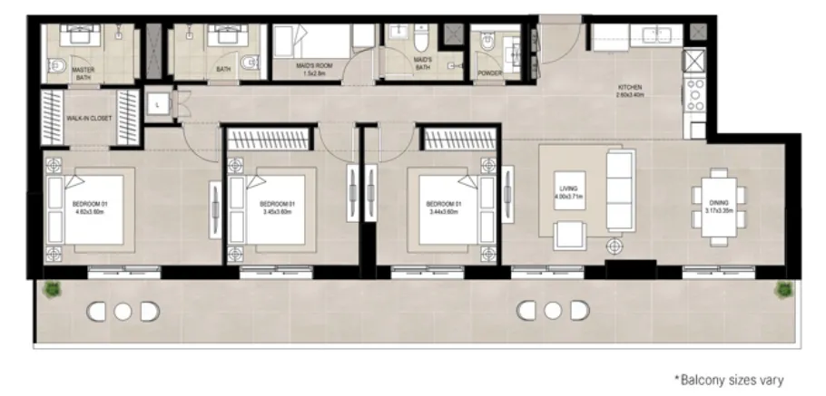 Olbia 3 bed floor plan, 1,401 – 1,704 sqft