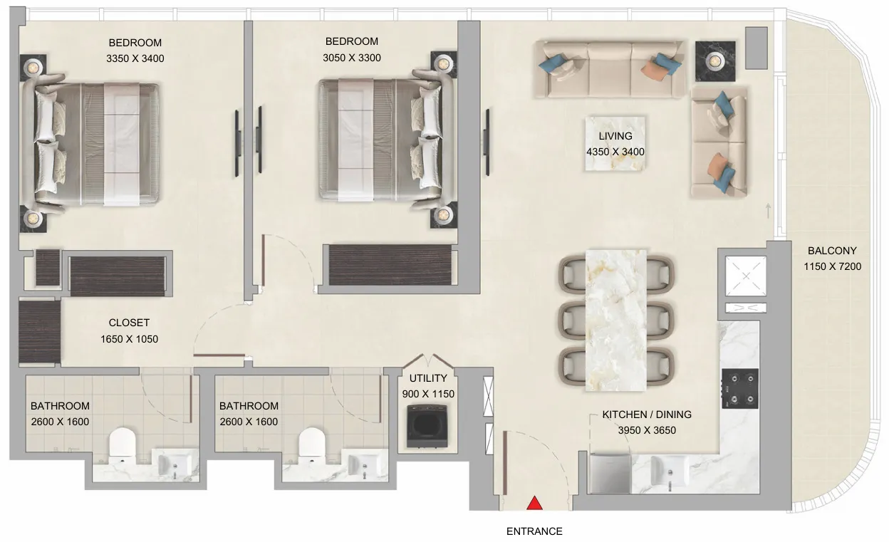 Tranquil Beach Residences 2 bed floor plan, 986 – 987 sqft