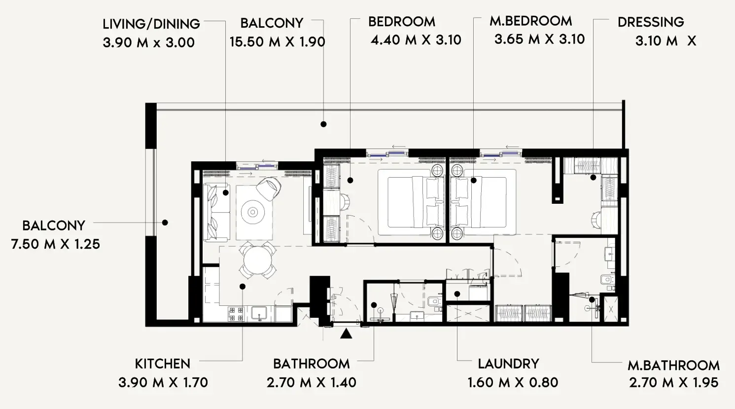Azizi Lina 2 bed floor plan, 1,360 sqft