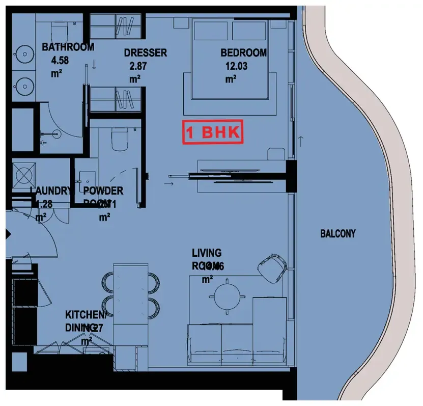 Marquis Horizon 1 bed floor plan, 783 sqft