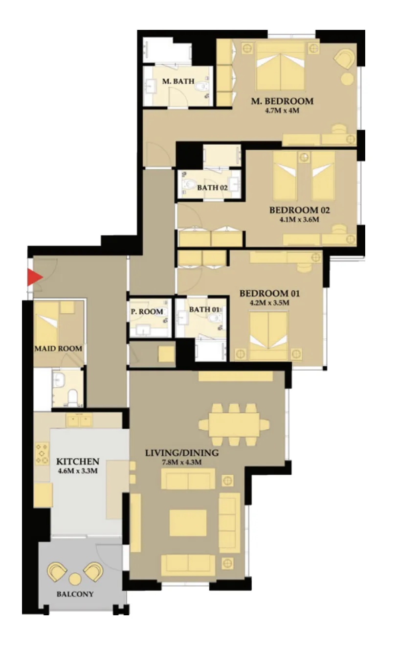 Riva Residence 3 bed floor plan, 2,011 sqft