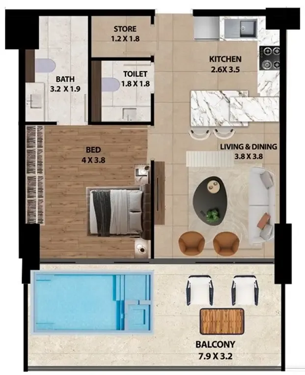 Marquis One 1 bed floor plan, 906 sqft