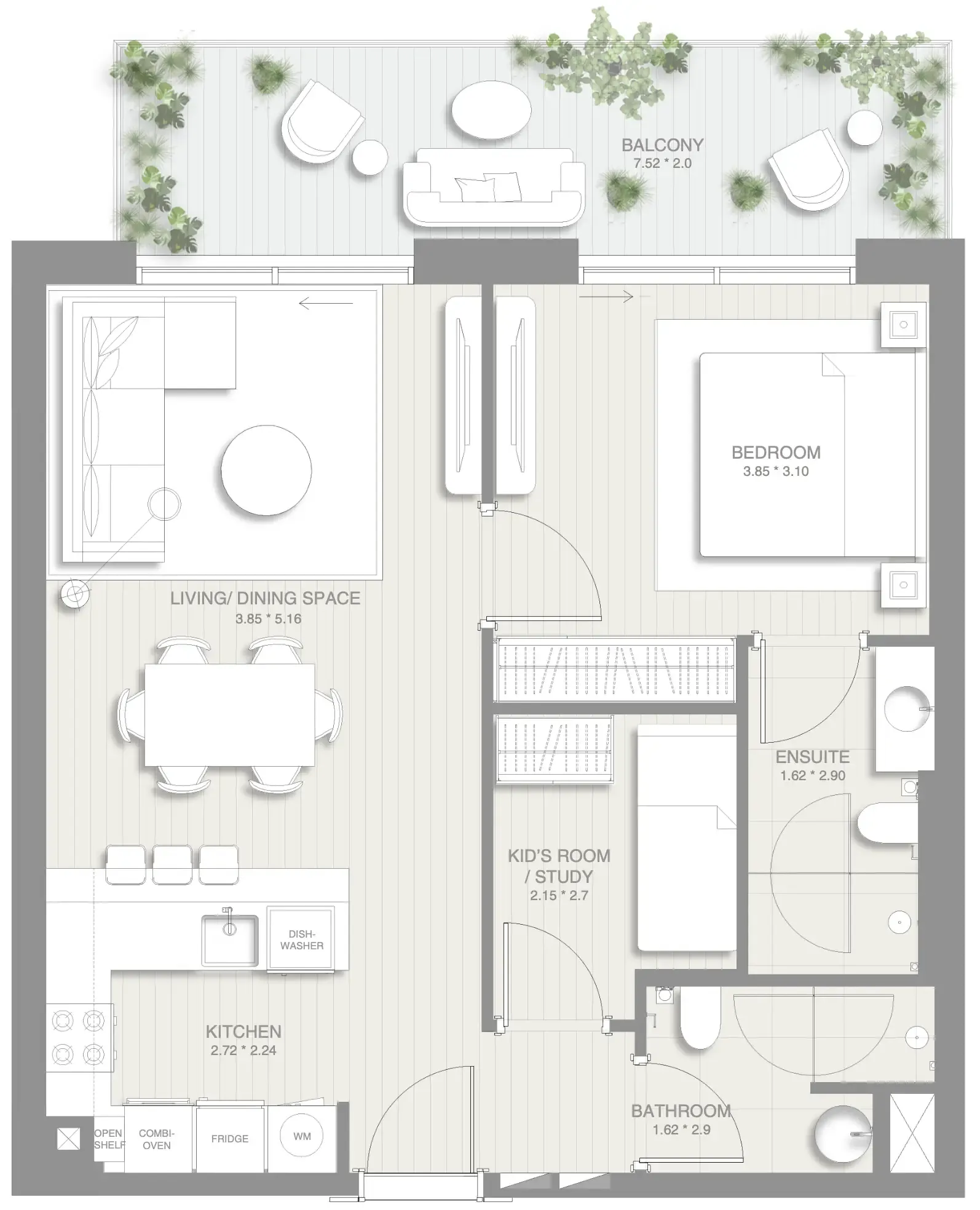Sol Levante 1 bed floor plan, 856 sqft