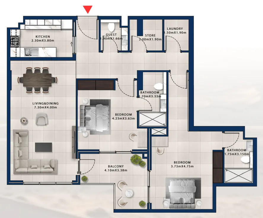 Asayel Avenue 2 bed floor plan, 1,436 sqft