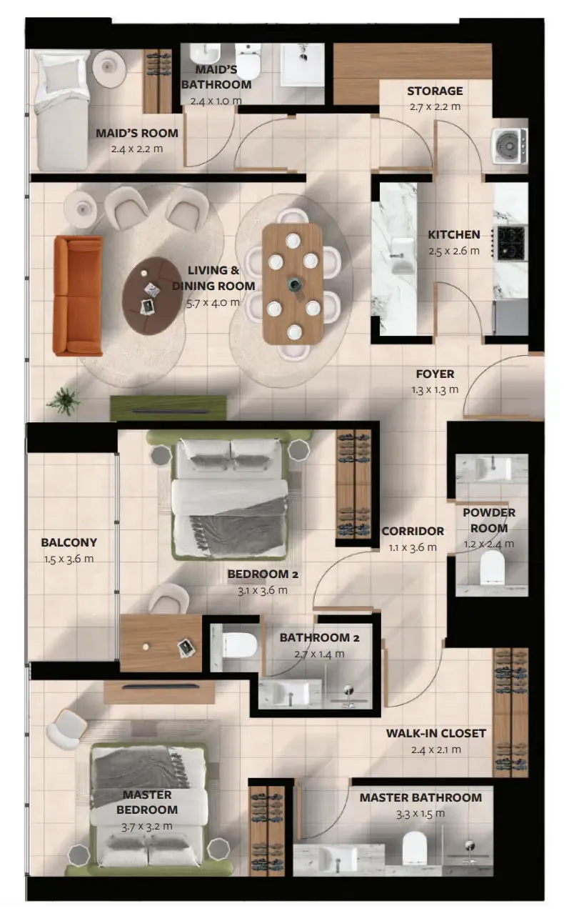 Waada Dubai South 2 bed floor plan, 1,093 – 1,273 sqft