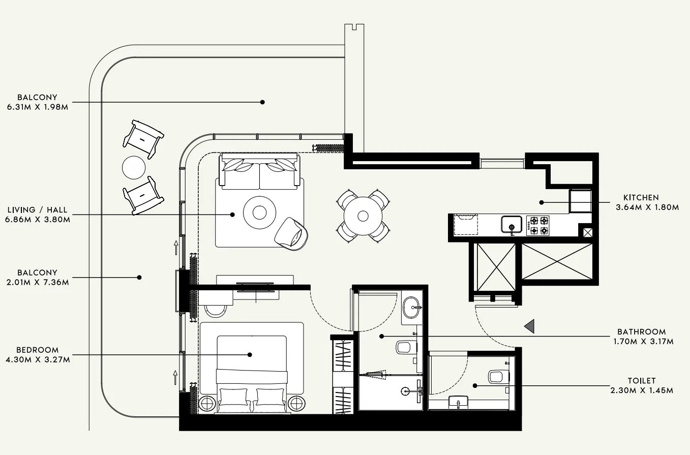 Azizi Venice 1 bed floor plan, 1,005 sqft