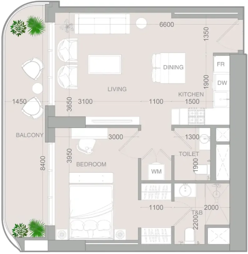 ALTA V1EW 1 bed floor plan, 735 sqft