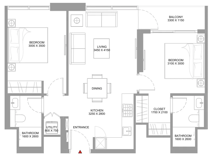 Starline Beach Residences 2 bed floor plan, 775 sqft