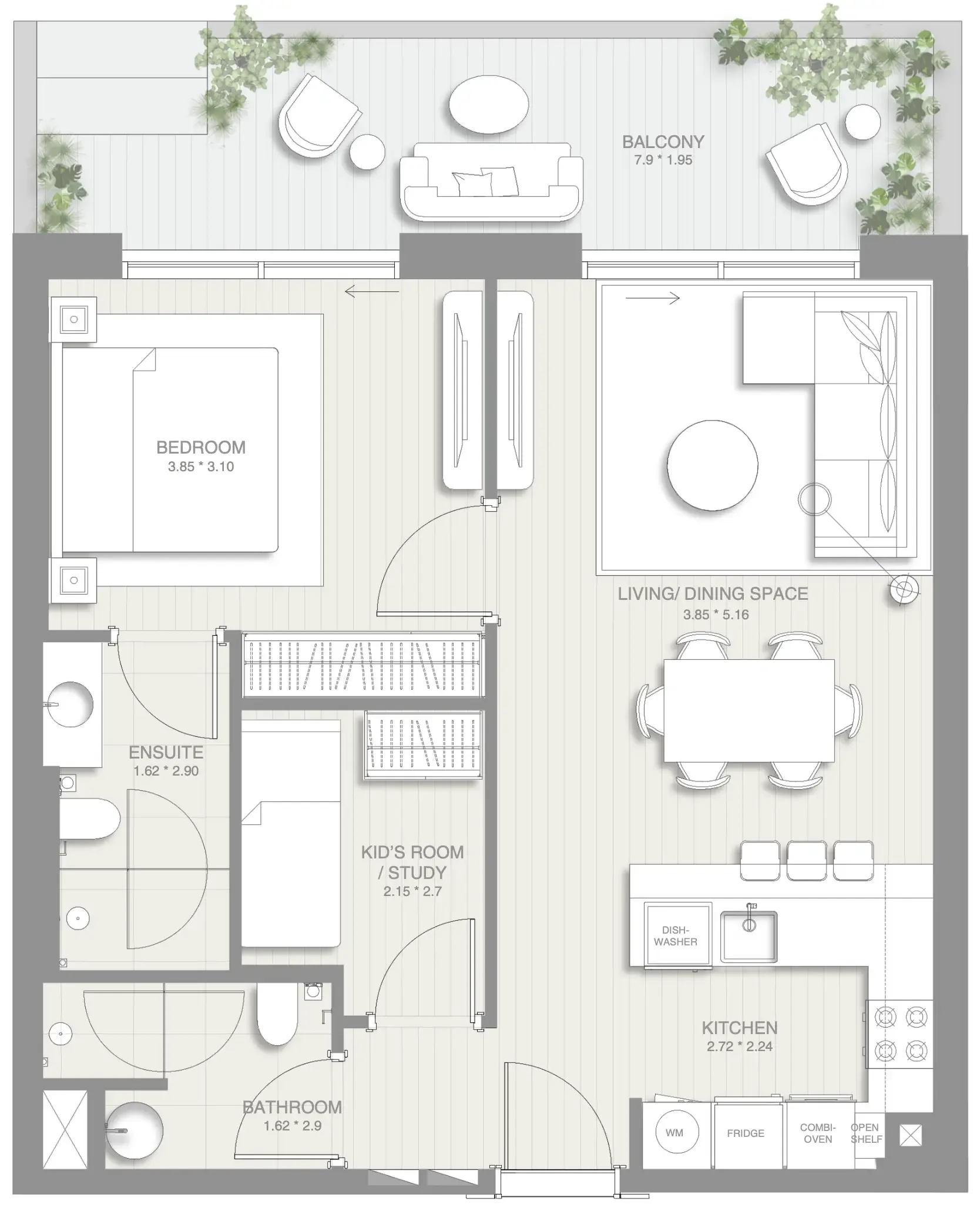 Sol Levante 1 bed floor plan, 865 sqft