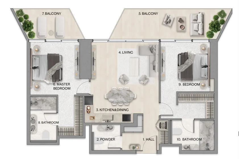 Riviera Residence 2 bed floor plan, 1,188 – 1,262 sqft