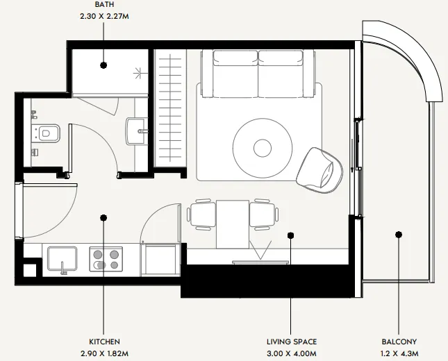 Azizi Milan Studio floor plan, 349 sqft